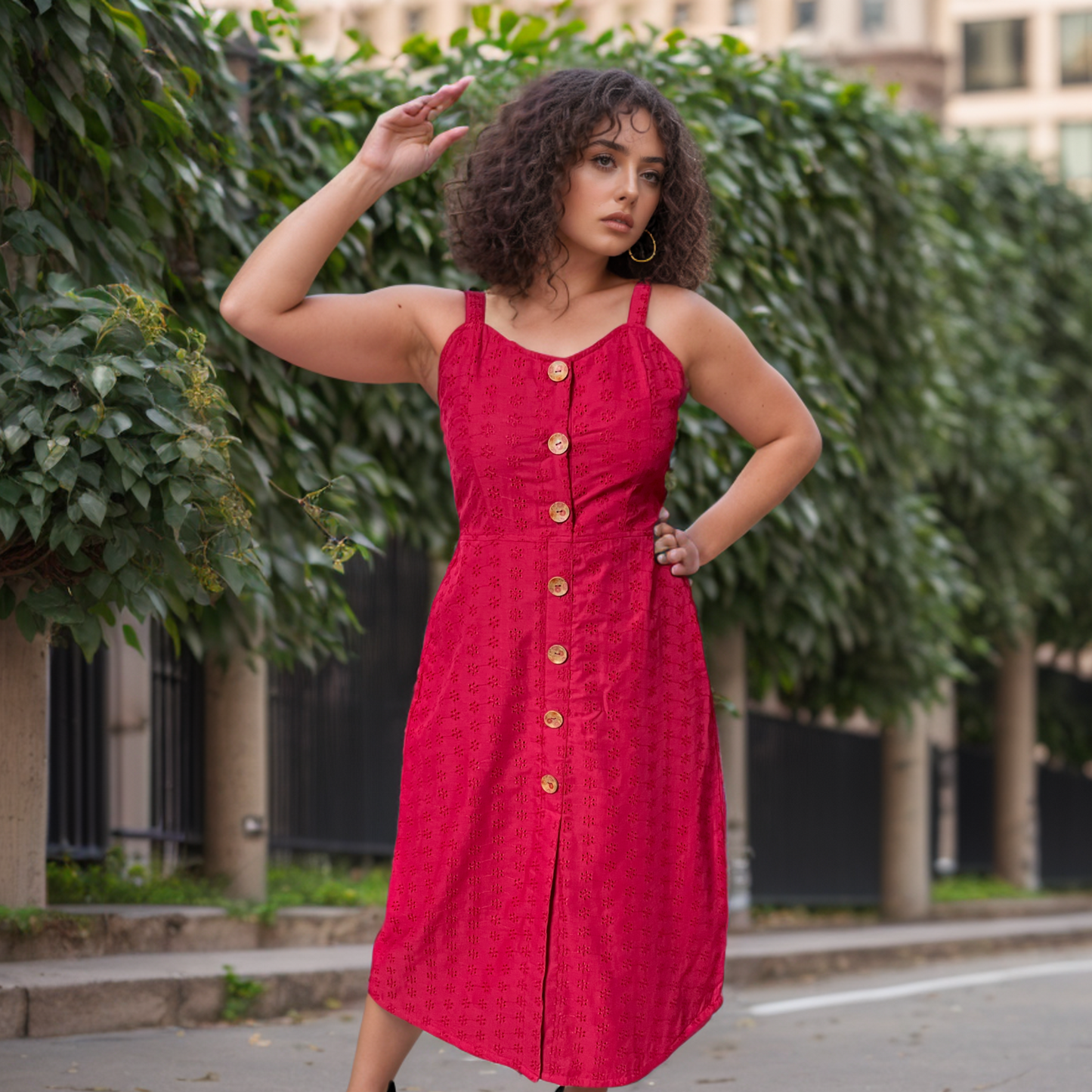 Crimson Chikankari Buttoned Dress