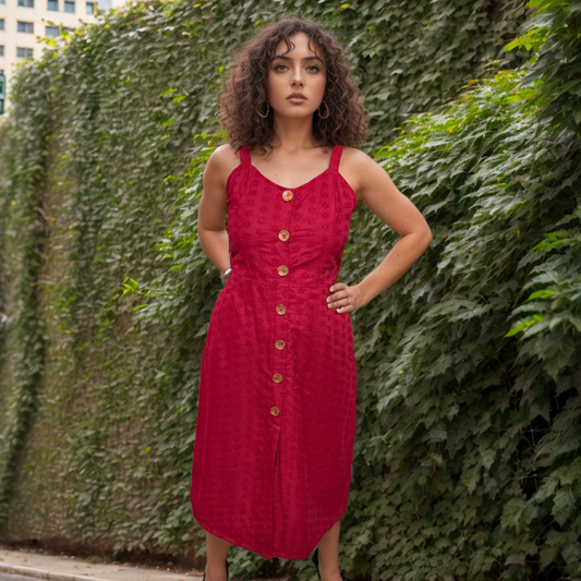 Crimson Chikankari Buttoned Dress