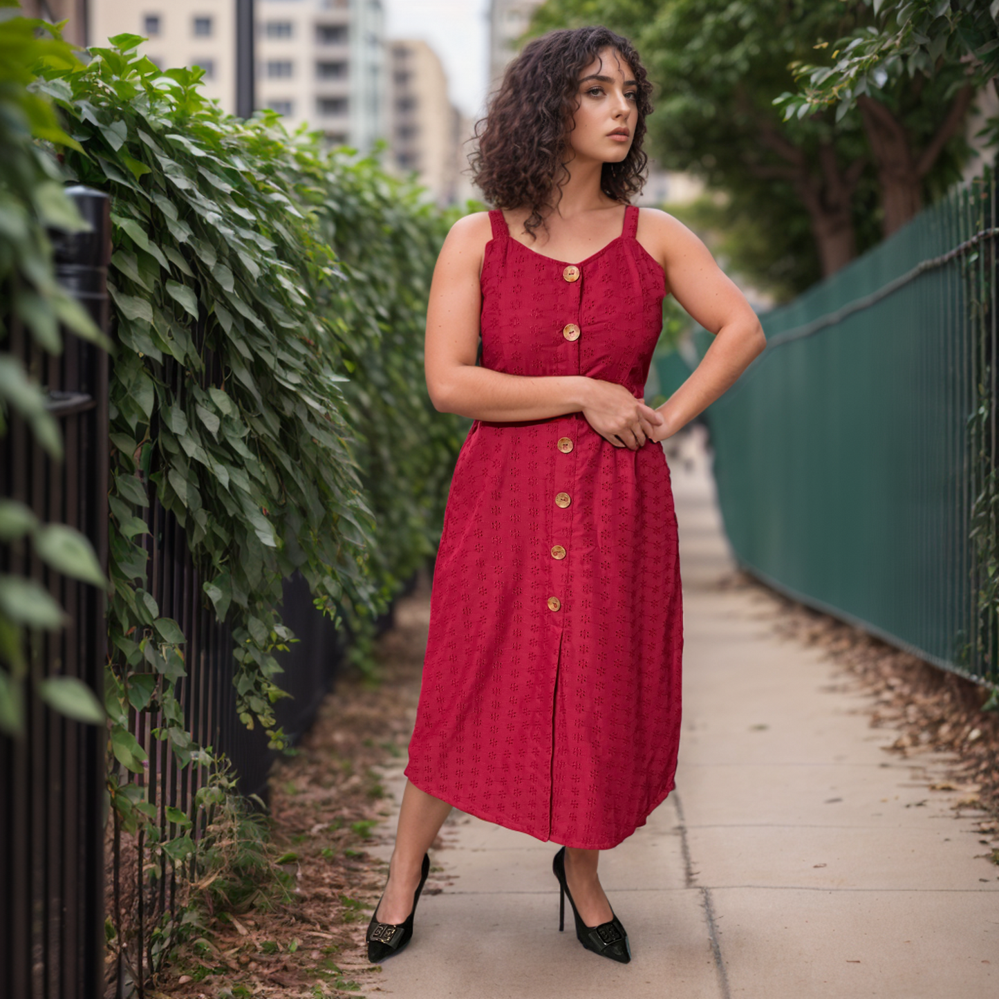 Crimson Chikankari Buttoned Dress