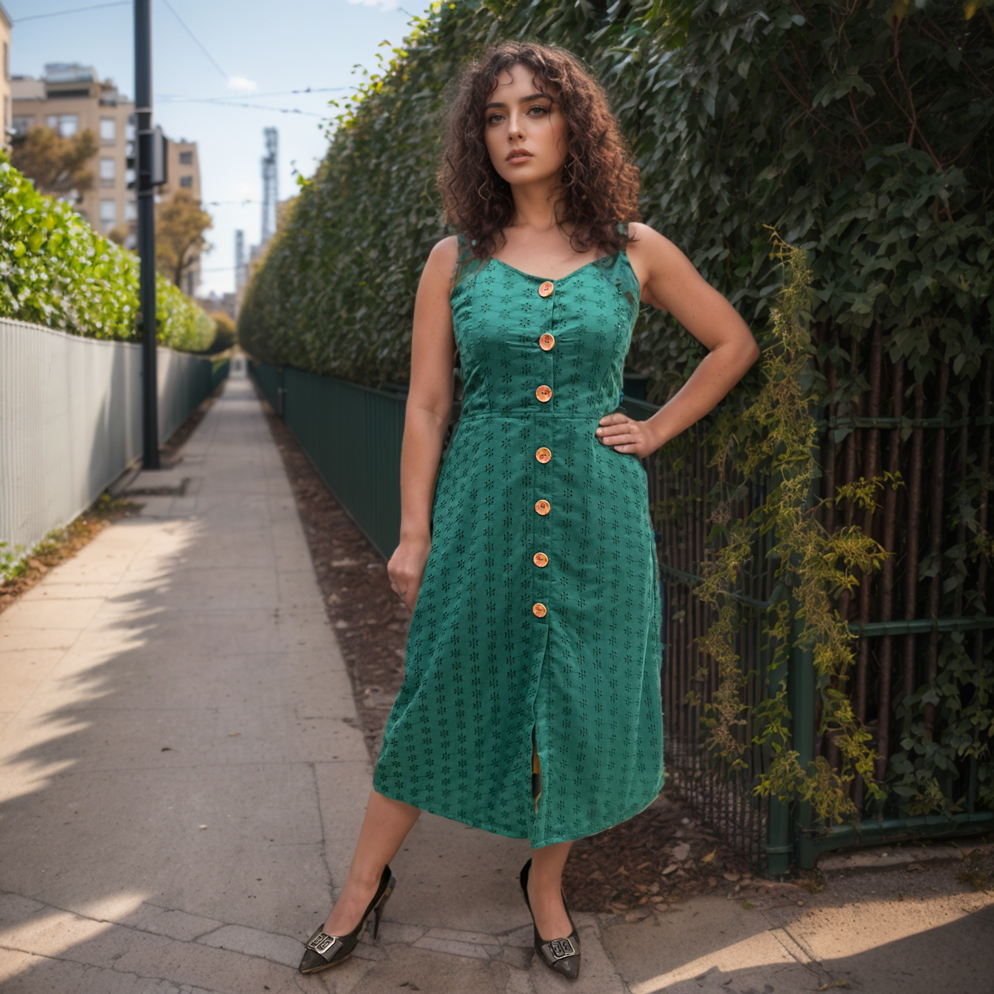 Emerald Chikankari Buttoned Dress