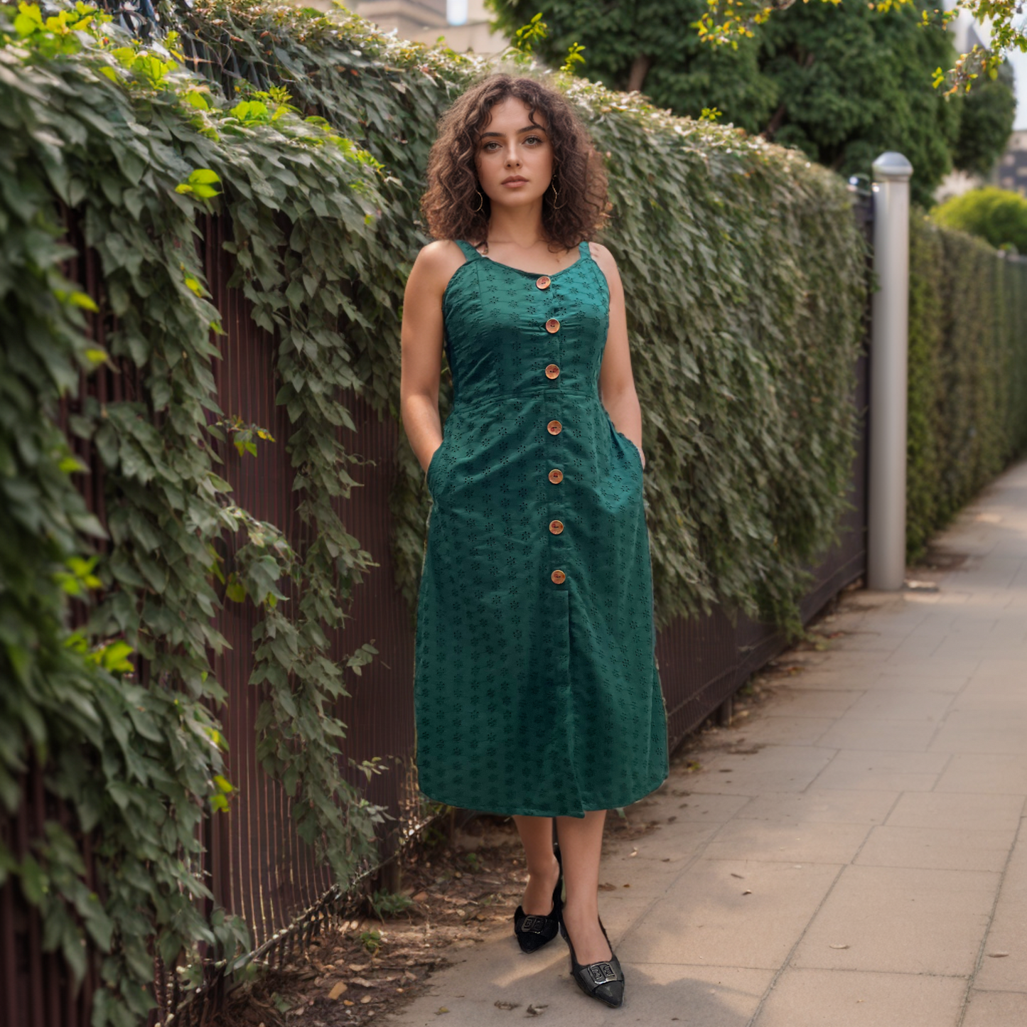 Emerald Chikankari Buttoned Dress