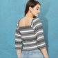 Versatile crop top with stripes, wearable on or off the shoulder.