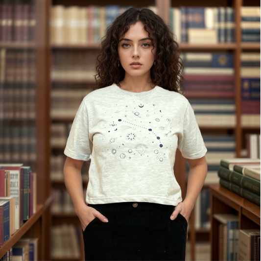 Starry Night Dreams: Melange White T-Shirt with Celestial Print