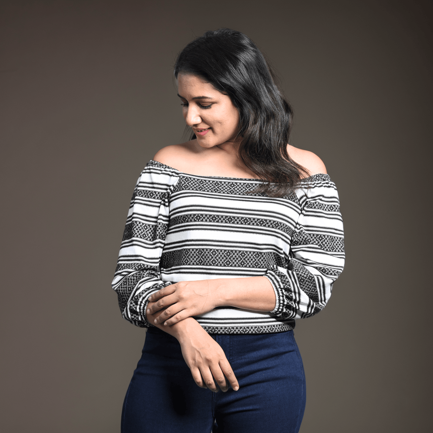 Striped Self Design Short Top with Elasticated Neckline - Isthitos Apparels